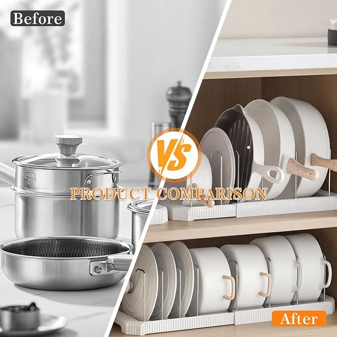 2 Pack Expandable Pots and Pans Organizer Under Cabinet, 13-22" Kitchen Cabinet Organizer with 10 Adjustable Dividers and 10Pcs Pot Protectors for Lids, Baking Sheets & Cookware (2, White)