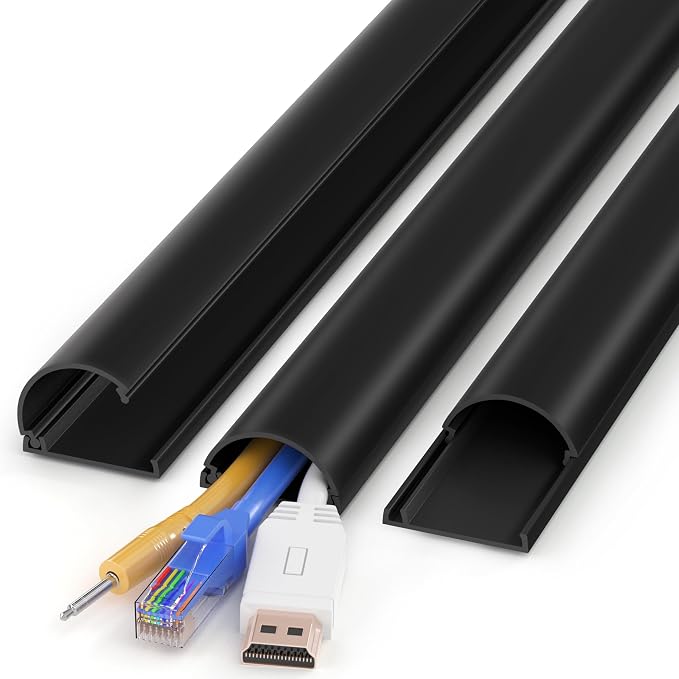 ZhiYo 42.5in Cord Hider for 2-4 Wall-Mounted TV Wires, 1.4"W x 0.7"H, Black | Split-Hinge Design for Easy Installation, Half-Round Glazed Finish Ideal for Wall/Baseboard, Self-Adhesive, 3Pack(14.2" Each)