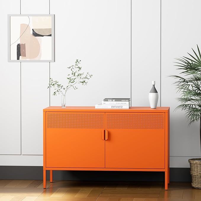 Washsemba 2 Door Accent Cabinet,Orange Metal Storage Cabinet with Adjustable Shelf,2-Tier Shelf,Multipurpose Metal Locker Storage for Office Home,Music Studio (Orange)