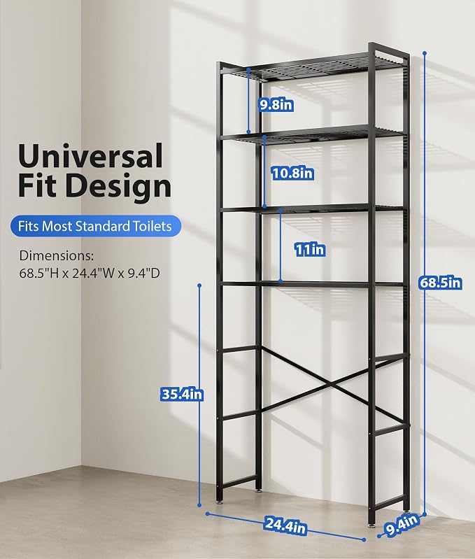 4-Tier Over The Toilet Storage Rack, Bathroom Organizer with One-Piece Metal Mesh Shelves, Over Toilet Shelf with Adjustable Feet & Anti-Tip Kit, Space-Saving Bathroom Storage, Black