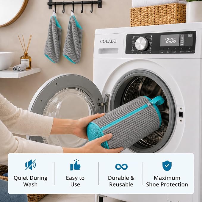 Shoe Washing Bag – 2Pcs Reusable Shoe Laundry Bags for Sneakers, 360° Deep Cleaning, Secure Lock Sneaker Washing Machine Bag with 6 Deodorizer Balls & Shoe Trees (Grey)
