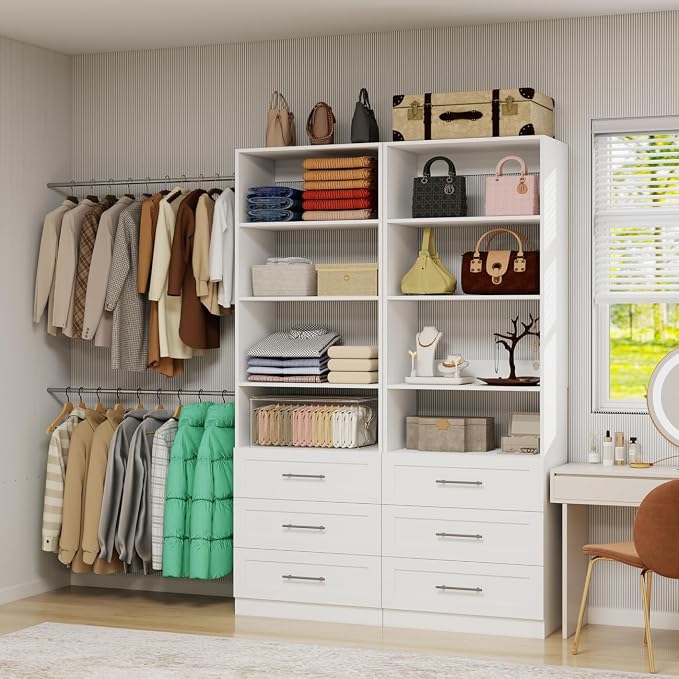 Closet System with Drawers, Wood Closet Organizer System with Adjustable Shelves and Extra Hanging Rod, 81"Tall Closet System for Small Closets, Modular Walk-in Closet System, White (4FT)