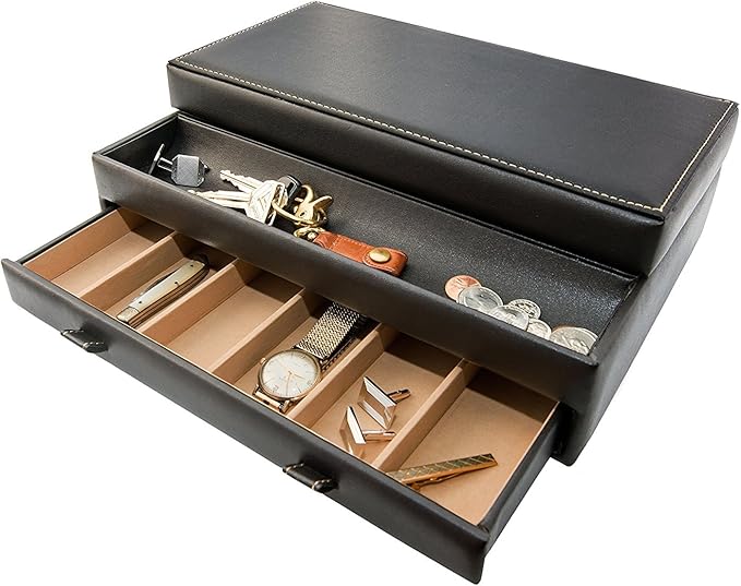 Stock Your Home Mens Valet Tray, Men's Jewelry Box, Night Stand Organizers and Storage, Bedside Table Organizer, Watch Box for Dresser, Faux Leather (Black & Beige)
