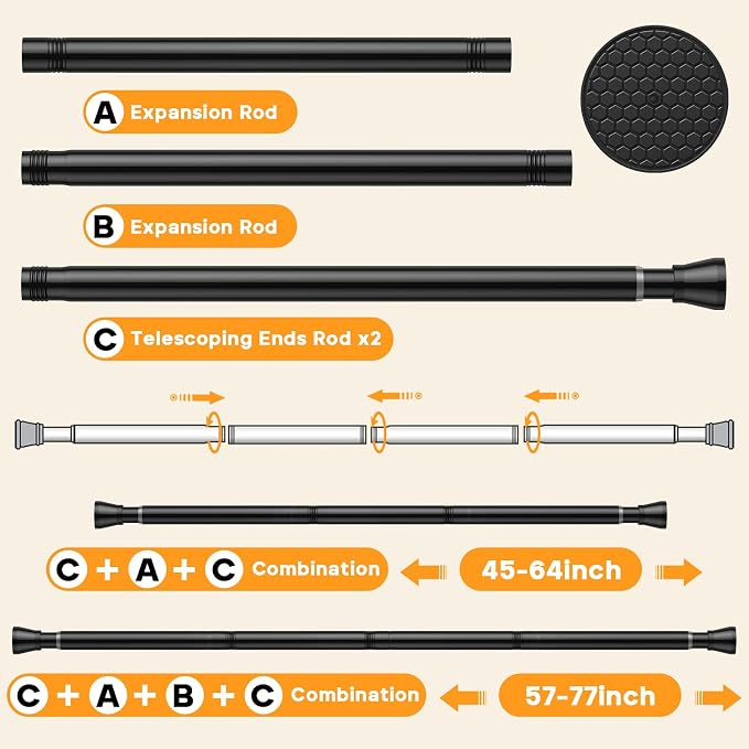 1pcs Black Tension Curtain Rod 45 to 77 Inch, No Slip Tension Rod Spring Rod Adjustable Curtain Rods Spring Curtain Rod No Drill Springs Tensions Rod for Closet