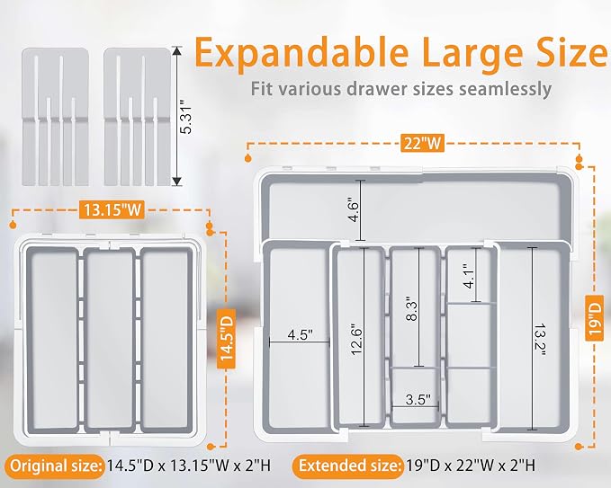 Homecor Large Utensil Organizer for Kitchen Drawer, Expandable Silverware Drawer Organizer Cooking Tray, Cutlery and Flatware Utensil Holder Kitchen Spatula Tools Storage with 3 Dividers, Grey