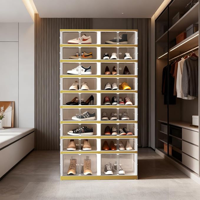 SYNCVIBE Shoe Rack Organizer for Closet Entryway Foldable Sneaker Storage Shoe, Collapsible Shoe Cabinet, Stackable Shoe Storage Cabinet with Lids for Living Room (9 Tiers -36 Pairs White Gold)