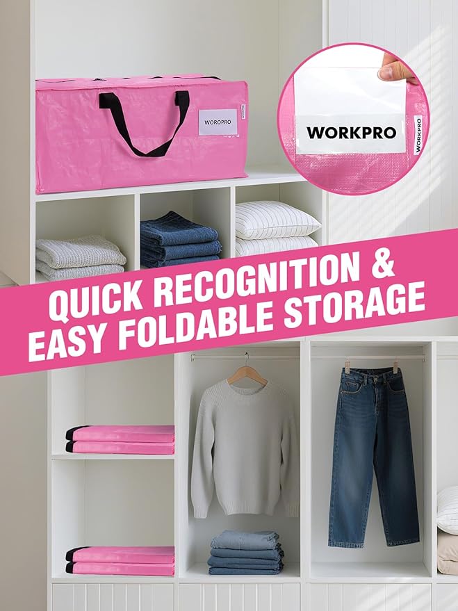 WORKPRO 10 Pack Extra Large Moving Bags with Zippers & Carrying Handles Backpack Straps, Heavy-Duty Storage Tote for Space Saving Moving Storage (Pink)