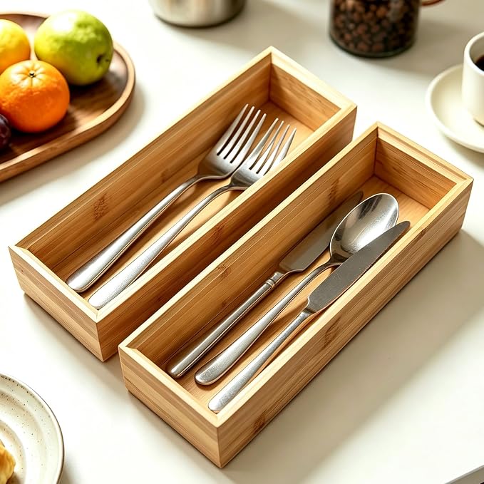 Bamboo Drawer Organizer Set of 2 for Kitchen Drawers, Small Stackable Drawer Organizer for Silverware, Utensils, Cutlery, Flatware, Junk Drawer, Dresser, Bathroom, 9" x 3" x 2"
