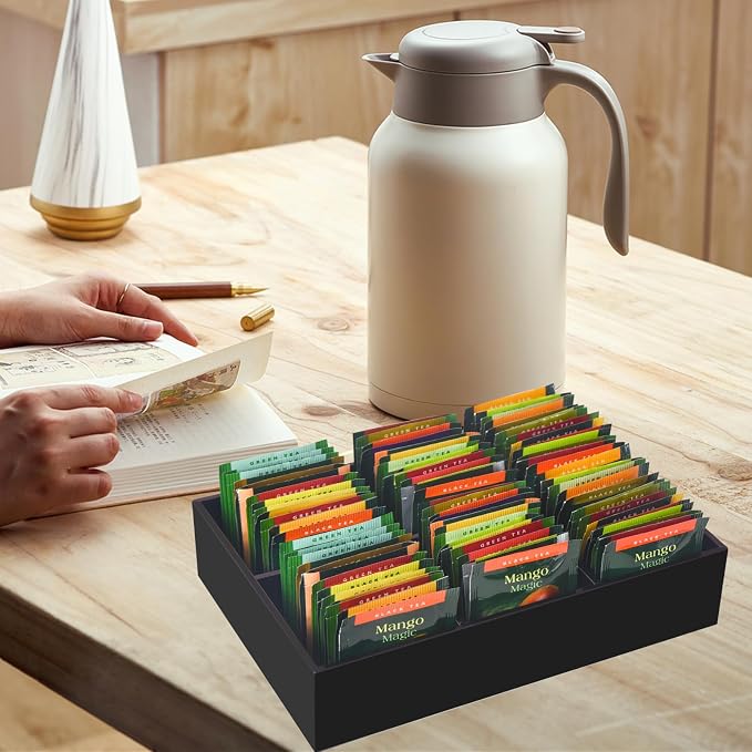 Tasybox Acrylic Tea Bag Organizer, Black Tea Bag Holder, Drawer Organizer | Tea Bag Holder with Removable Dividers, 6 Slot Tea Organizers and Storage for Countertop, Drawer, Pantry, Kitchen, Cabinet
