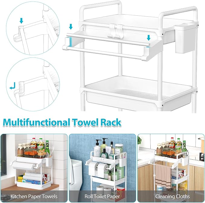 SPACEKEEPER Rolling Storage Cart, 4-Tier Bathroom Organizer Utility Cart Laundry Room Organization Mobile Shelving Unit with Towel Rack, Lockable Wheel, Hooks & Cup for Kitchen Bedroom Office, White