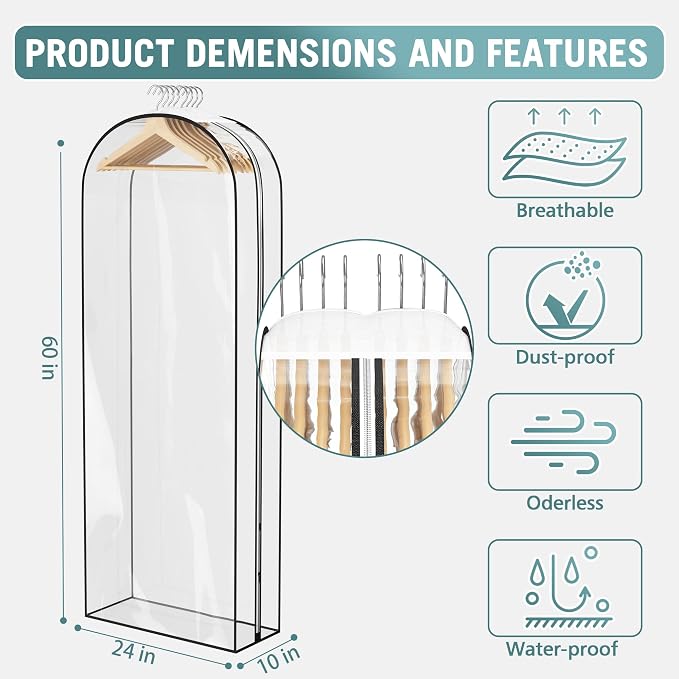 Liuoud Clear Garment Bag for Hanging Clothes 10” Gusseted, 60” Suit Bags for Open Closet Storage Plastic Clothes Cover for Coat, Dress, Shirts, Fur, Jacket, Wardrobe Protectors, 6 Pack