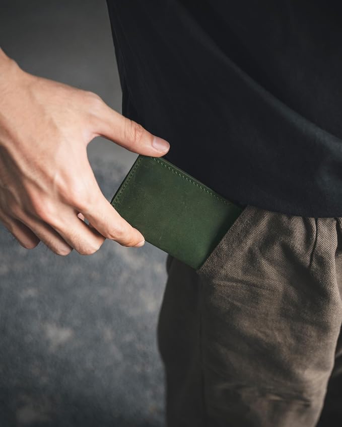 VULKIT Genuine Leather Business Card Holder 2 Sided Slim Business Name Card Organizer for Men or Women, up to Hold 20 cards (Genuine Green)