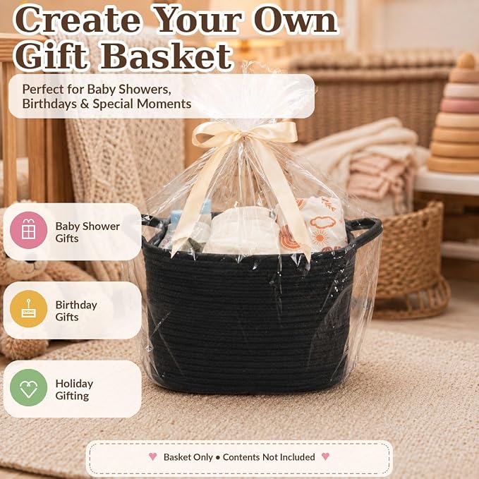 XUANGUO Woven Cotton Rope Storage Basket with Handles 13x10x9 inch Black | Woven cotton rope basket for shelves and closets. Perfect for toys, books, clothes, nursery storage and gift baskets.