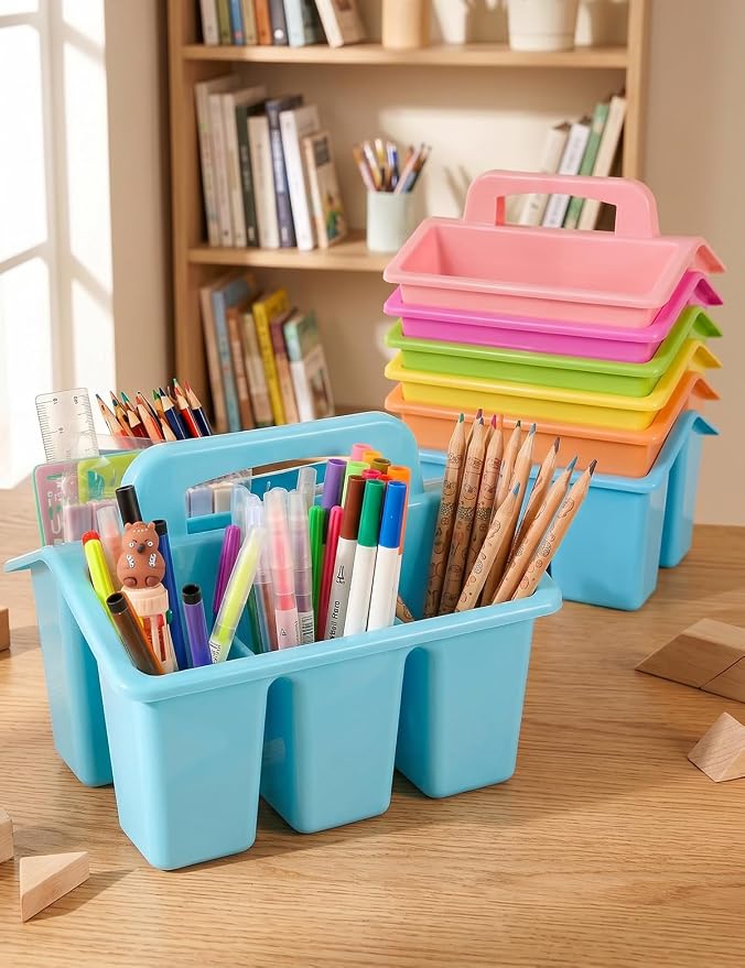 6 Pack Classroom Caddy Organizer with Handle, Table Caddy Classroom | 4 Compartments, 9×6.3×6.7 inches, Thick Durable PP Plastic, Built-in Handle, Stackable Design, for Classroom Desk Office Home