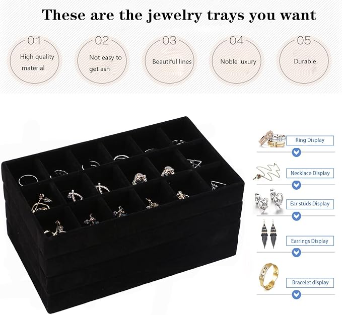 Stackable Jewelry Organizer Trays for Drawer, Set of 4 Velvet Jewelry Drawer Inserts in Dresser, 8in Storage Display Case for Rings Stud Necklaces Accessories(Black)
