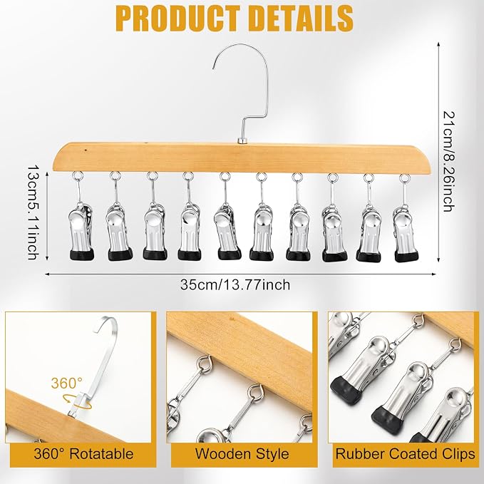 Novabright 2 Pcs Closet Organizers with 10 Clips Hat Pants Scarf Socks Hangers Wood Space Saving Rotating Hanging Hangers Clothespins with Padded Clips for Leggings Bra Tie Belt Jeans Skirt (Wood)