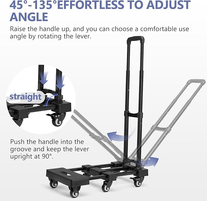 KEDSUM 550 LBS Folding Hand Truck with 6 Wheels(2 with Brake), Collapsible Dolly Cart with Wheels, Thickened Upgraded Steel Trolley Cart for Easy Moving, No-Assembly, with 1 Lashing Straps