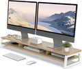 Fenge Dual Monitor Riser for Desk, Open Shelf with 3 Storage Compartments | 42.5in Computer Monitor Stand, 2-Tier Desk Shelf for Top of Desk,One-Piece Panel, fit Ultrawide Monitor, PC, Laptop, Oak
