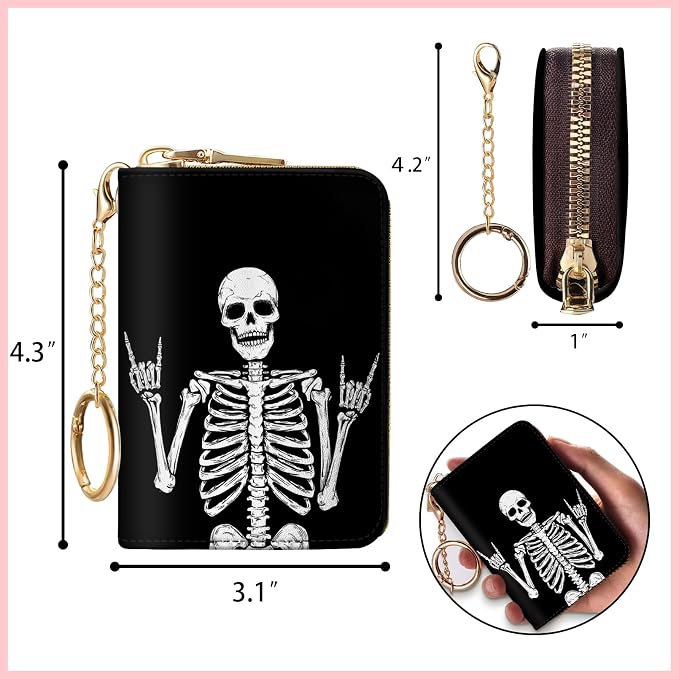 Blusabaca RFID Credit Card Holder Small Women Travel Wallet, Skull Skeleton | Removable Keychain, Case with Zipper, Vegan PU Leather, Cash Coin Pocket, Business Accordion Purse, Ladies Female Gift