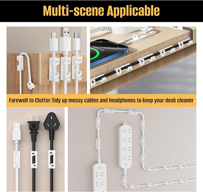 50 Pcs Self Adhesive Cable Clips,Upgraded Cable Management with Screw Hole,Strong Cord Organizer for Under Desk,Car,TV PC,Christmas Light Indoor/Outdoor-White M