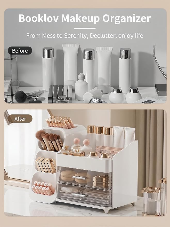 Booklov Large Makeup Organizer for Vanity Countertop, White | Clear Acrylic Cosmetic Display Case, Beauty Brush Holder for Bathroom Counter, Make Up Skincare Lipsticks Storage