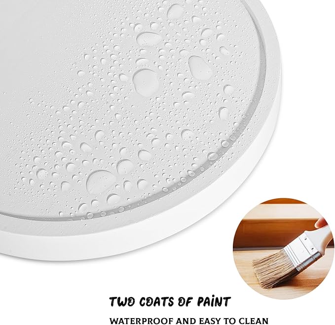 Round Decorative Tray Farmhouse Kitchen Decor Soap Dish, 12" White | Waterproof, Lightweight, Easy Clean, Wood Riser Pedestal Stand Accessories for Office Desk, Vanity, Counter, Sink
