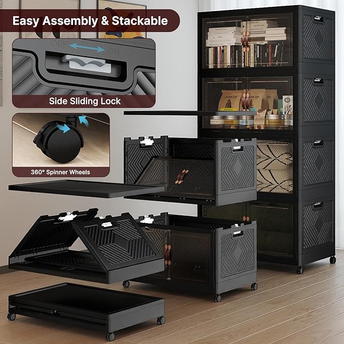 Stackable Storage Bins with Lids, Collapsible Storage Boxes, Foldable Plastic Storage Drawers for Bedroom,Office, Dorm (4, Black, XL)