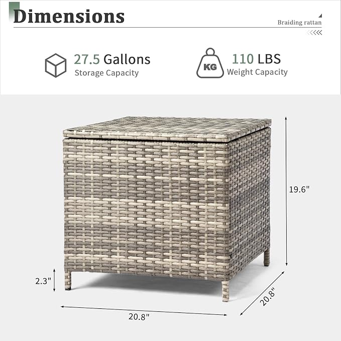 VINGLI 27 Gallon Outdoor Deck Box, Wicker Outdoor Storage Box with Lid, Small Storage Bin Container for Outside and Patio, Patio Rattan Side Table for Yard Porch (Grey, Square)