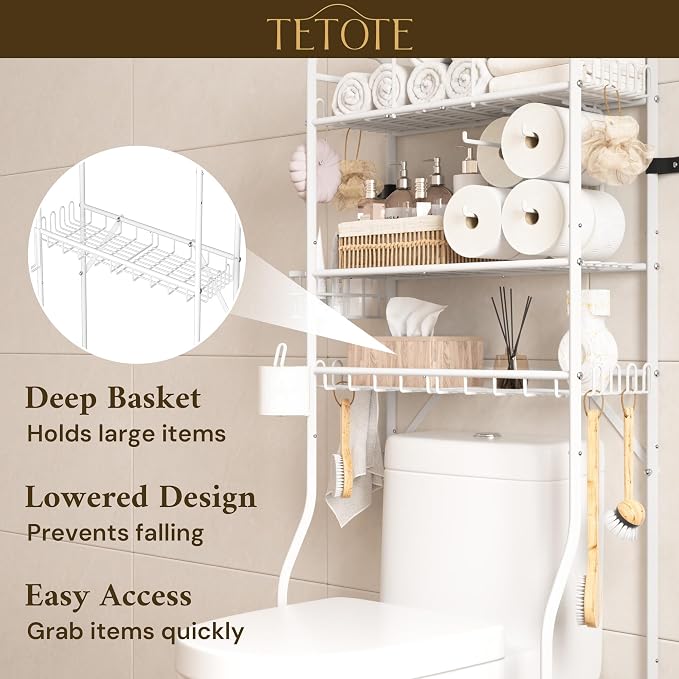 TETOTE Over The Toilet Storage Rack, 3-Tier Bathroom Organizer Shelf Over Toilet with Toilet Paper Roll Holder, Freestanding Metal Rack, White