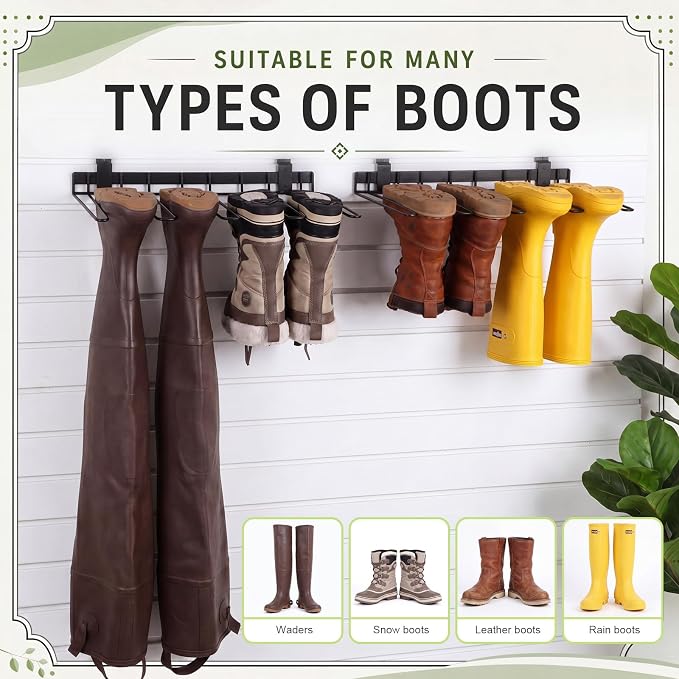 Hicarer 2 Pack Slatwall Boot Rack, Metal Wire Wall Mounted Wader Shoe Hangers - No Drilling, 4 Pair Shoe Holder Organizer for Drying Storing Tall Boots and Cowboy Boot for Entryway, Garage