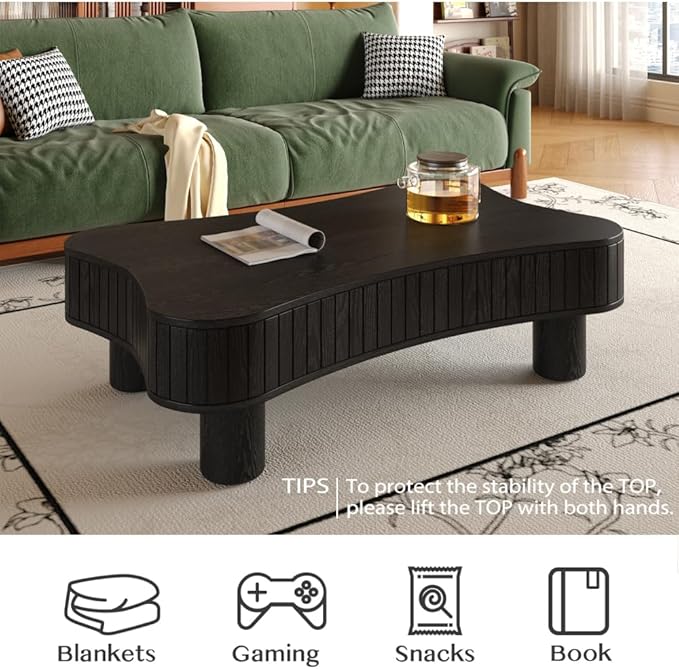 Lift Top Coffee Table with Hidden Storage Fluted Panel Silent Hydraulic Lift Curved Corners (Black)