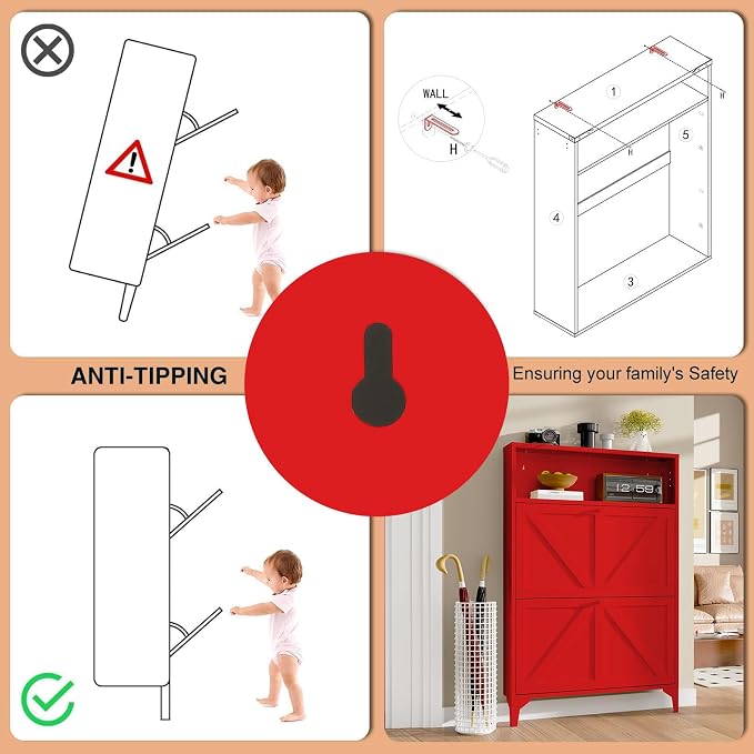 Shoe Cabinet with 2 Flip Drawers and Open Top Space-Metal Narrow Shoe Rack for Entryway,Hallway,Living Room-Hidden Metal Shoe Cabinet-Freestanding Shoe (2 Door, red)