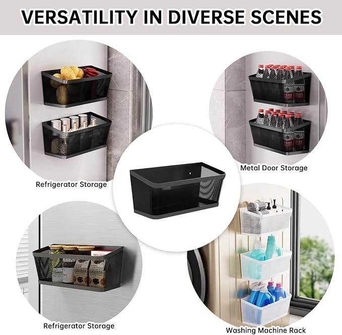 2Pcs Magnetic Spice Rack for Refrigerator, Black Magnetic Shelves | Powerful Magnet Hanging Basket Holder, Magnetic Organizer Shelf for Fridge, For Seasonings Fruit Vegetables Coffee Beans