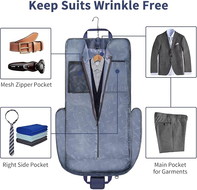 Mancro Carry On Suit Garment Bags, Travel Luggage Bag for Men Women, Blue | Waterproof Foldable Garment Bag with Hanging Compartment to Help Reduce Wrinkles, Suit Bag with Adjustable Shoulder Strap