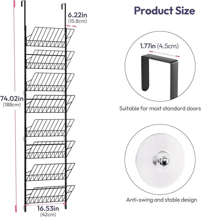 SWTYMIKI Over the Door Shoe Organizer - Adjustable 8 Tier Hanging Shoe Rack Organizer, Metal Heavy Duty Behind Door Storage or Wall Mount Shoes Shelf for Flats, Heels, Sneakers, Boots, Black