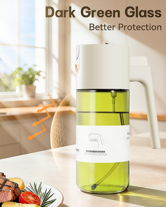 Olive Oil Sprayer & Dispenser Bottle for Cooking 17oz Dark Glass Oil Mister | 2-in-1 Sprayer & Pourer, Leakproof, Fine mist, Light-Blocking, Wide Mouth for Easy Refill & Clean, 8 Oil Labels, Reusable