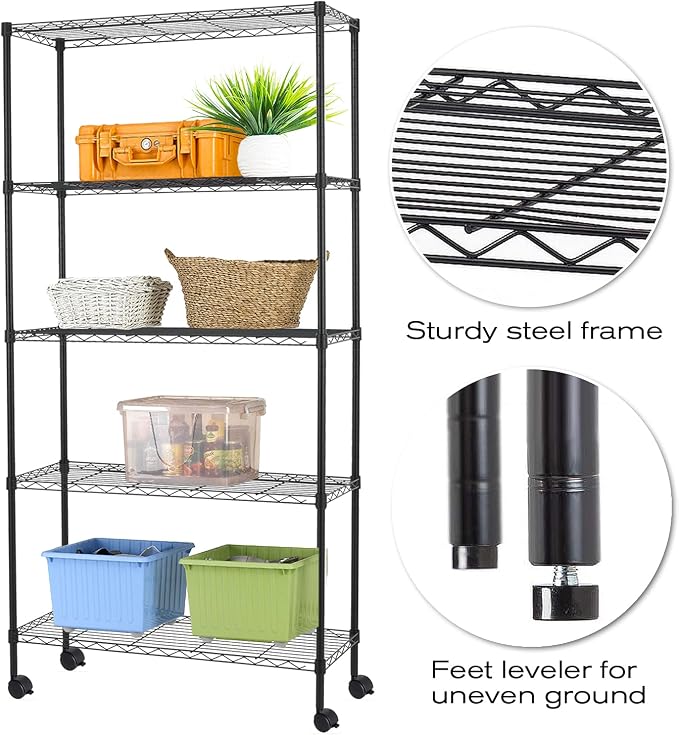 HCY 5-Tier Shelving Unit Storage Shelves with Wheels Heavy Duty Metal Rack NSF Height Adjustable for Laundry Bathroom Kitchen Garage Pantry Organization -60inx30inx14in(Black)