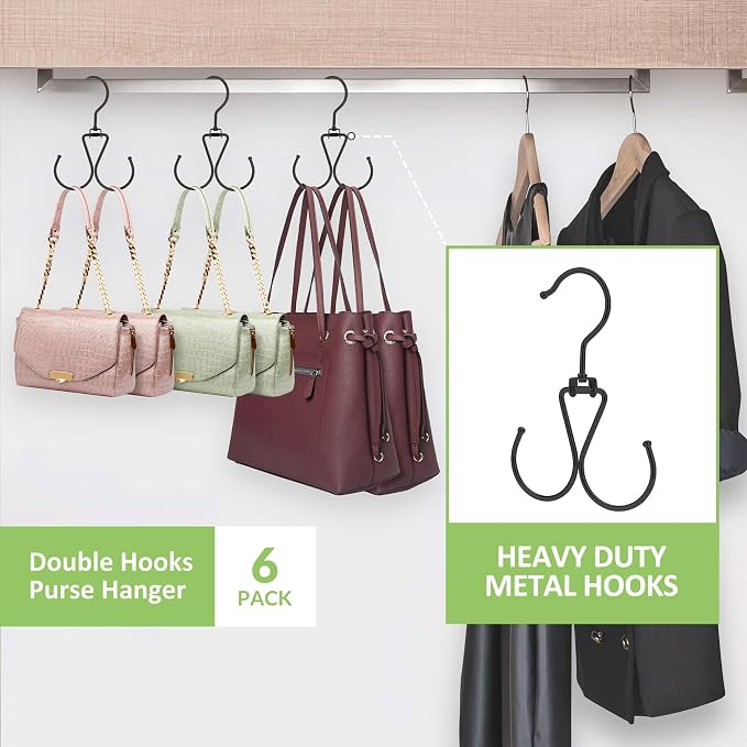 6 Pack Purse Hanger for Closet, 12 Storage Capacity Rotatable Purse Hooks, Hanging Backpack Bag Holder, Closet Organizers and Storage, Black