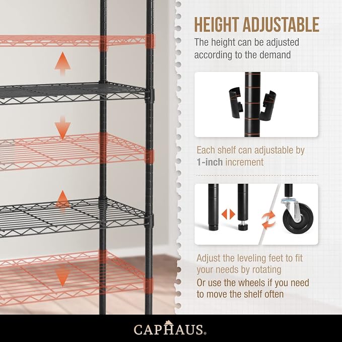 CAPHAUS NSF Commercial Grade Heavy Duty Wire Shelving w/Wheels, Leveling Feet & Liners, Storage Metal Shelf, Garage Shelving, Utility Wire Rack Storage Shelves, w/Liner, 36 x 18 x 76 5-Tier