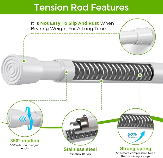Spring Tension Rod 18-41 Inches No Drilling Adjustable White Spring Loaded Curtain Rod Expandable Small Short Tension Curtain Rod for Windows,Kitchen,Doorway