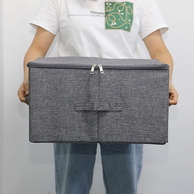 Folding Rigid Storage Baskets for Clothing, Closet Shelf Drawers, 2 pcs | 17.6*13.6*9.7" fits most shelves/ closet/ wardrobes, 3-side zipper lid for heavy large stuff, sturdy fabric plastic boards