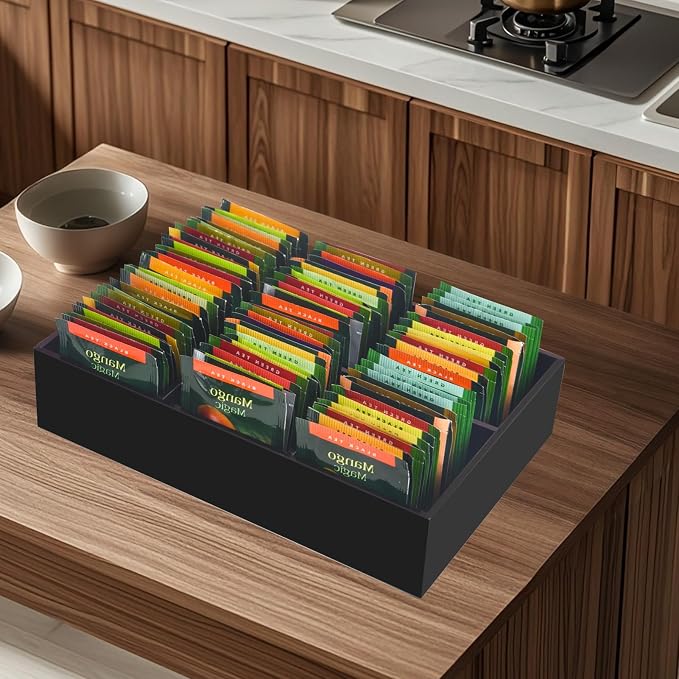 Tasybox Acrylic Tea Bag Organizer, Black Tea Bag Holder, Drawer Organizer | Tea Bag Holder with Removable Dividers, 6 Slot Tea Organizers and Storage for Countertop, Drawer, Pantry, Kitchen, Cabinet