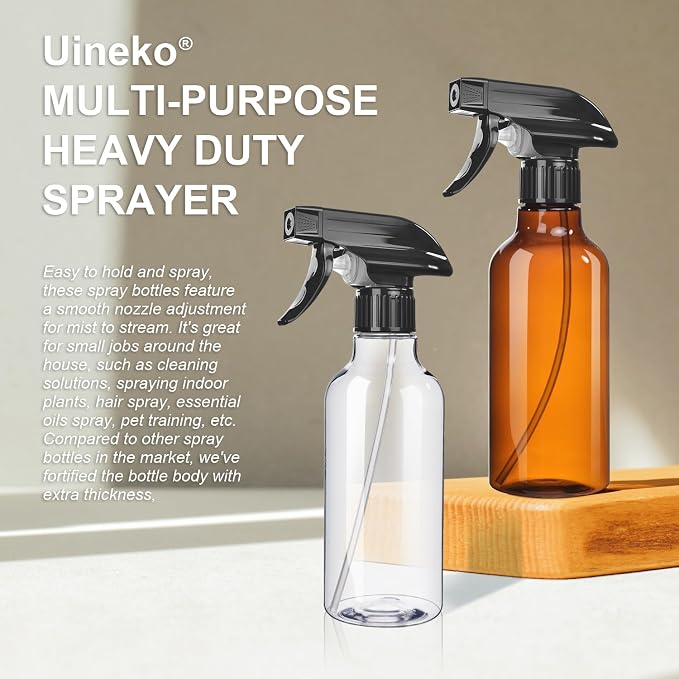 Uineko Spray Bottles 2-Pack, 10 Oz, Mist & Stream, Heavy Duty Spraying Empty Water Sprayer Bottle, BPA Free Plastic Refillable Containers for Cleaning Solutions, Plants, Hair, Essential Oils (Amber)
