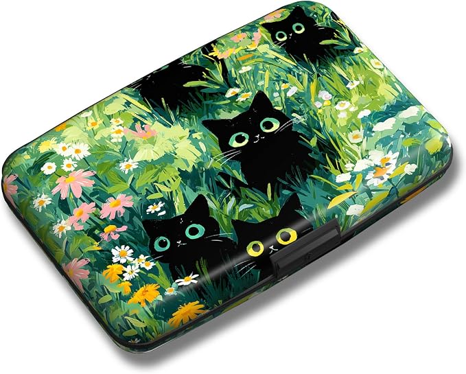Maicican Credit Card Holder, Mini RFID Blocking Aluminum Wallet | Slim Metal Hard Case Travel Wallet ID Case for Women and Men, 4.3 x 2.9 Inches, Grassland and Cats