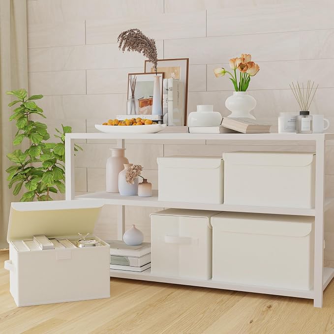Storage Boxes, Clothes Bins with Lids, 2 Pack, Beige, 15x9.8x9.8 In | Closet Boxes with 2 Carrying Handles, Sturdy Heavy PP-board, Home Organizers Cubes with Cover for Organizing