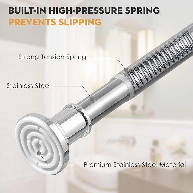 Silver Long Curtain RodTension Shower Curtain Rods 30 to 88 inch Adjustable Spring Heavy Duty Rods for Bathroom Windows Outdoor No Drill No Slip Stainless Steel