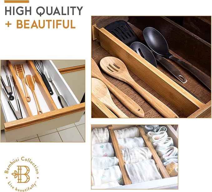 Bambüsi 4-Pack Drawer Divider - 2.6" High, 16" to 22" Adjustable Bamboo Drawer Organizers for Clothes, Expandable Dresser Separators in Bedroom/Bathroom/Kitchen/Office Organization and Storage