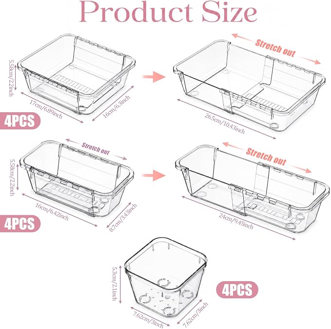 14 Pcs Clear Drawer Organizer, Adjustable Drawer Organizer, 3-Size Expandable Drawers Organizers for Makeup, Cosmetic, Kitchen Utensils, Bedroom Dressers, Tool Organizers for Gadgets