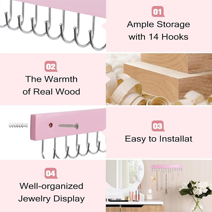 SCUNDA Wall Mounted Necklace Holder, Morden Style Necklace Holder, Tangle Free Wall Jewelry Organizer with 28 Hooks(2 Packs,Pink)