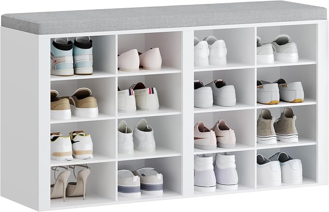 Hzuaneri Shoe Storage Bench, Entryway Shoe Rack with Cushion and Cubbies | entryway shoe rack bench cabinet with 16 cubbies and adjustable shelves for bedroom, living room, White SB25603GY